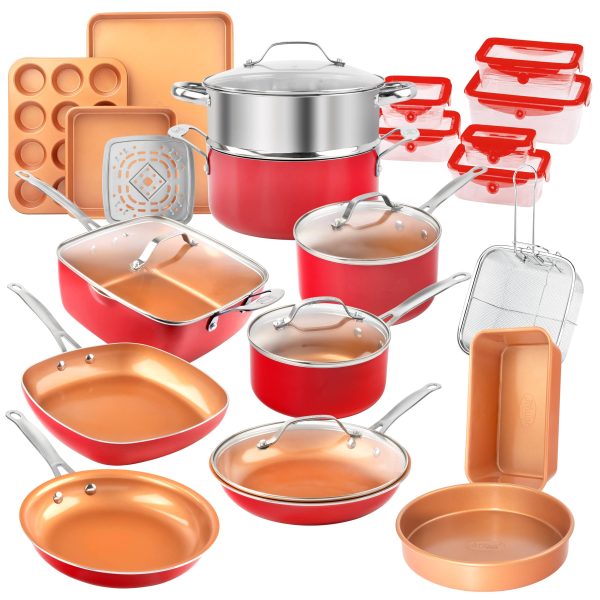 Gotham Steel 32 Piece Cookware Set, Bakeware and Food Storage Set, Nonstick Pots and Pans, Red
