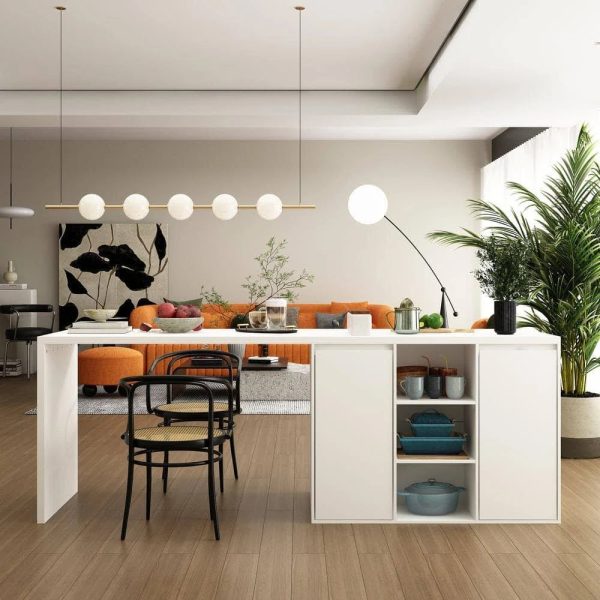 White Wood 82.7 in. W Kitchen Island Dining Table with Door Cabinets A
