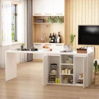 White Wood 82.7 in. W Kitchen Island Dining Table with Door Cabinets A - Image 7