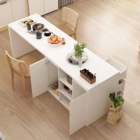 White Wood 82.7 in. W Kitchen Island Dining Table with Door Cabinets A - Image 2